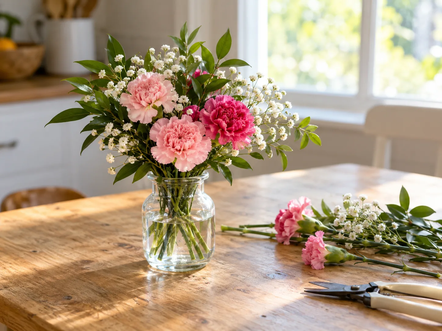 A compact mixed grocery bouquet with a few extra stems on a kitchen table