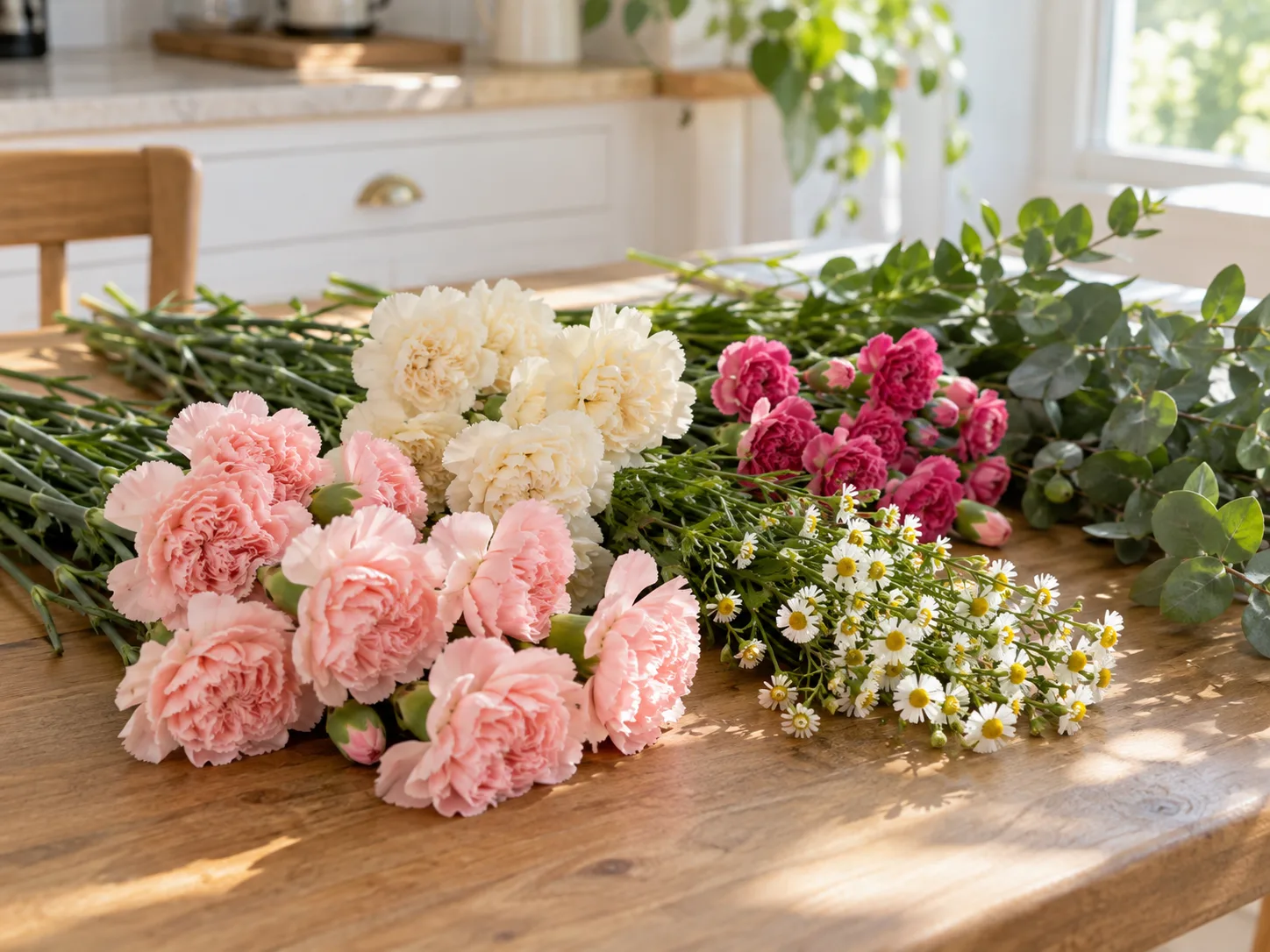 Blush, cream, and deeper pink cut flowers grouped with white filler and greenery
