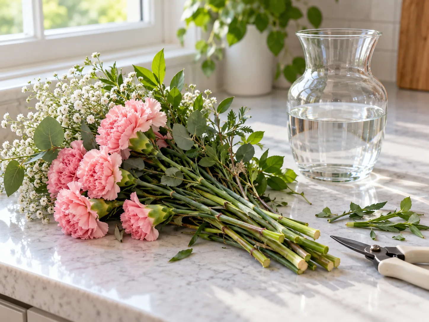 Freshly trimmed grocery bouquet stems beside a clear vase of water