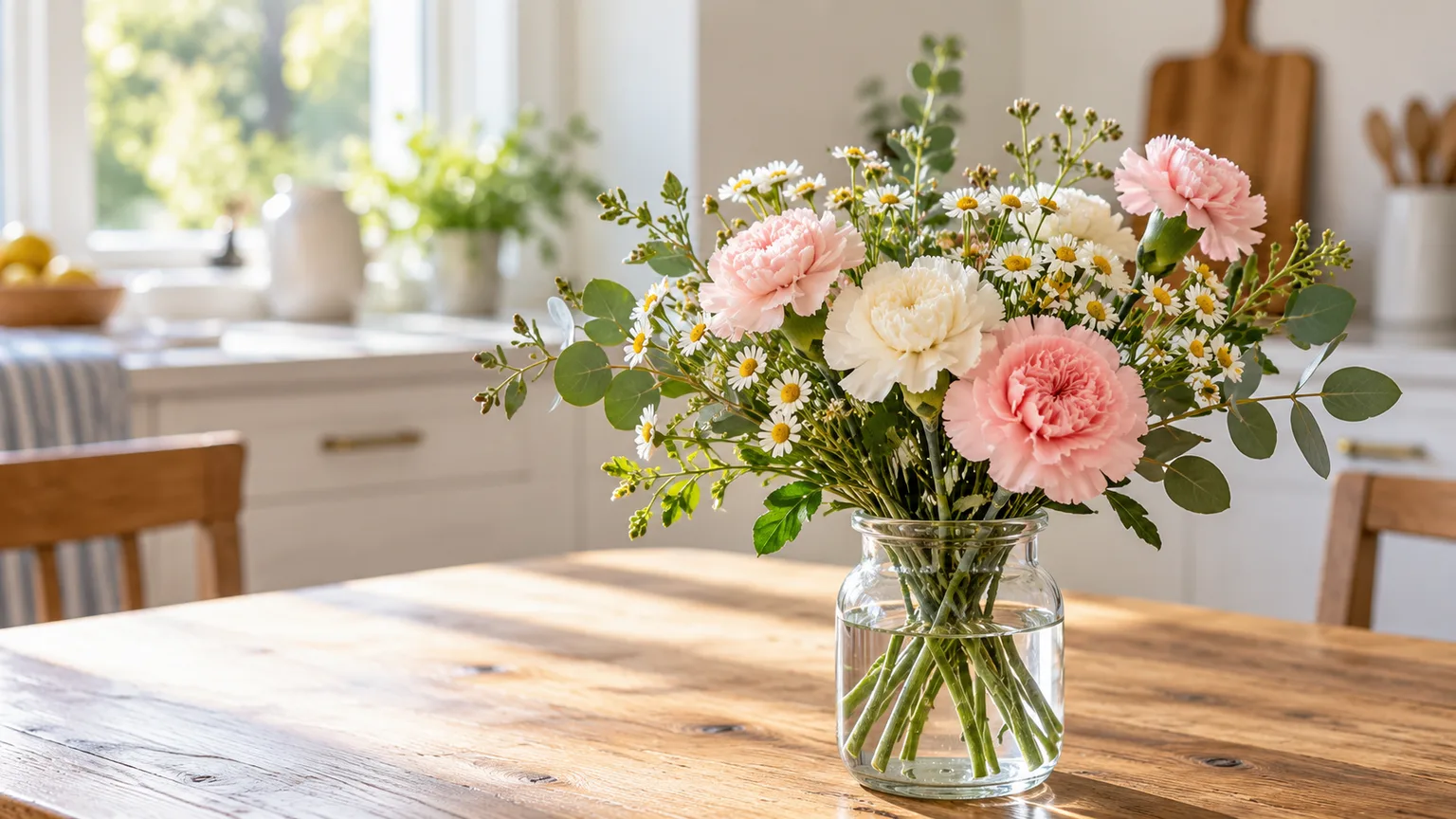 A compact blush and cream grocery-flower bouquet in a clear vase on a bright kitchen table