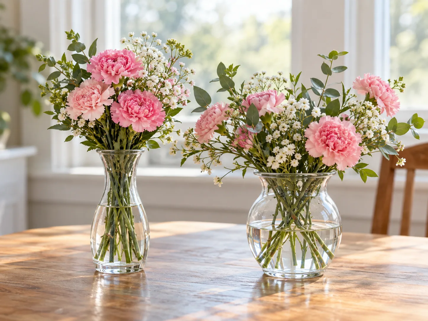 A small bouquet arranged in a narrow-necked vase and a wider-mouth vase