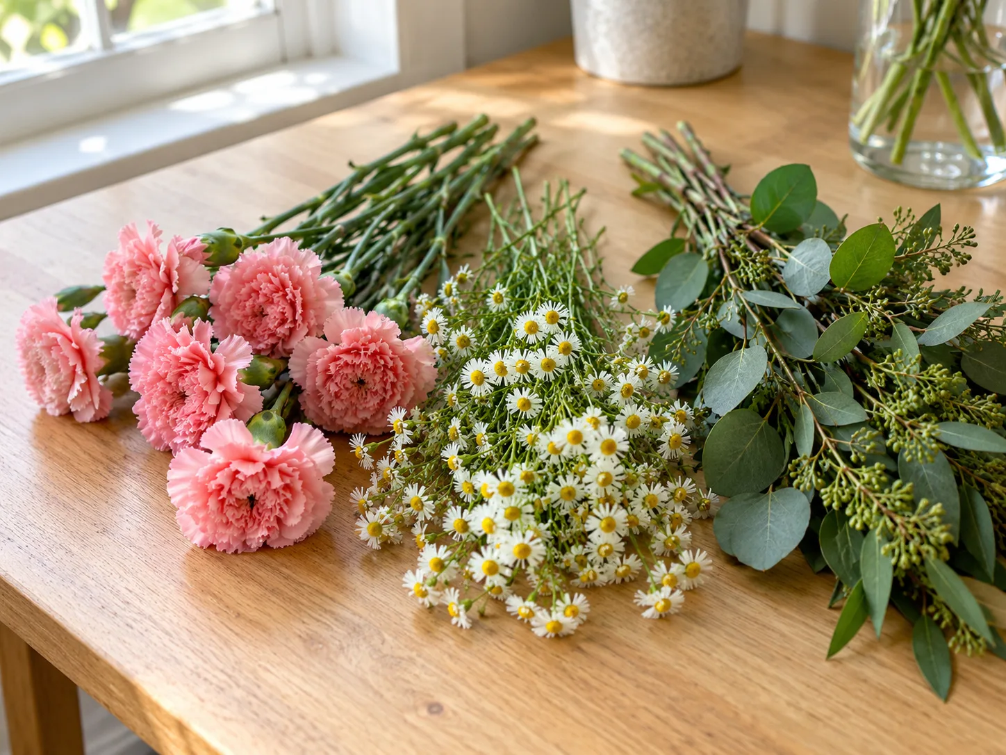 Pink focal blooms, small white filler flowers, and greenery grouped as bouquet ingredients