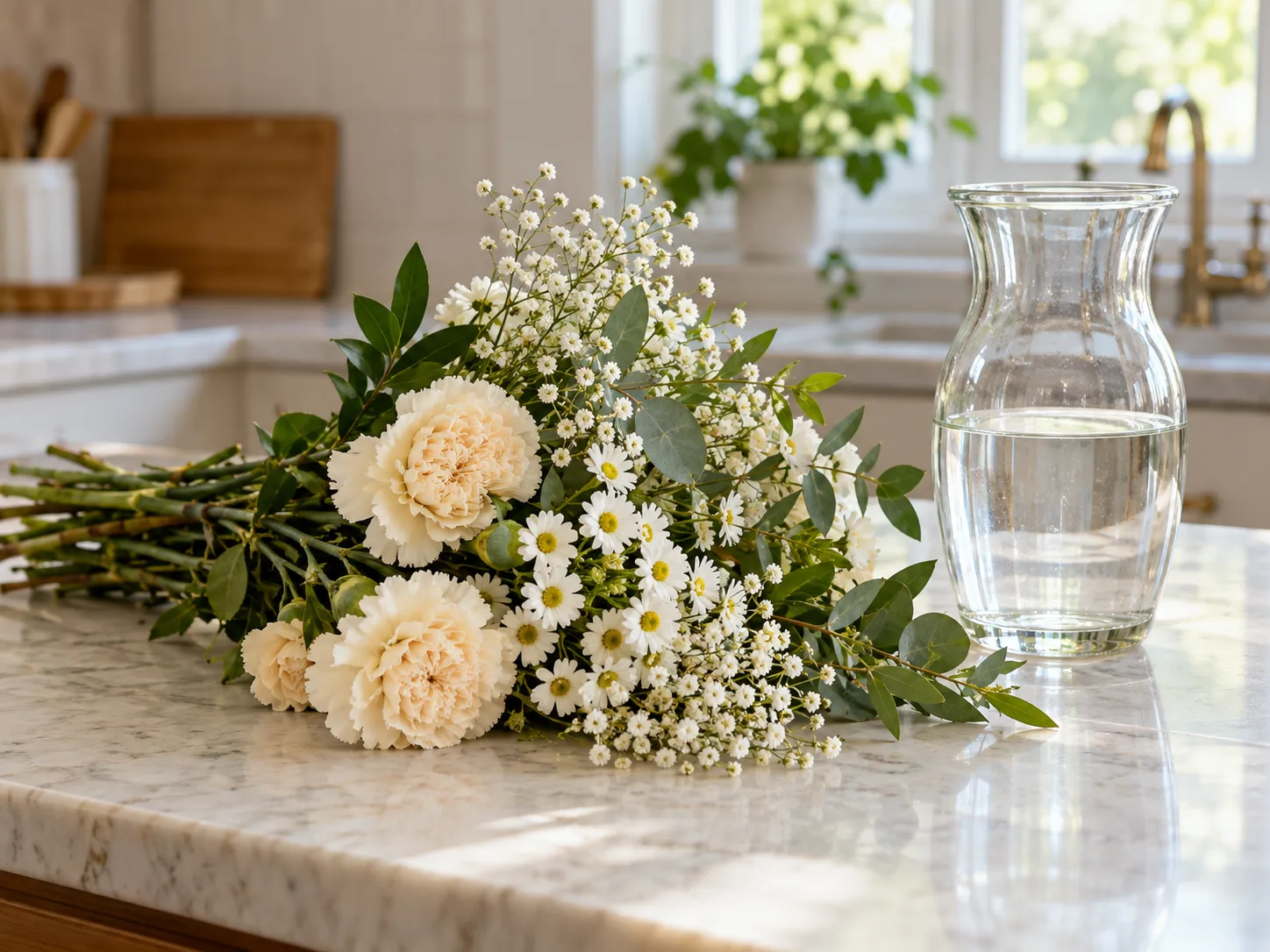 A modest mixed bunch of cut flowers beside a simple vase
