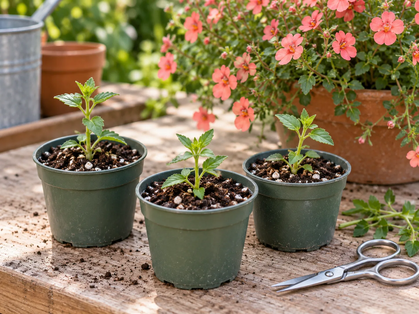 Diascia stem cuttings in small pots beside a flowering parent plant