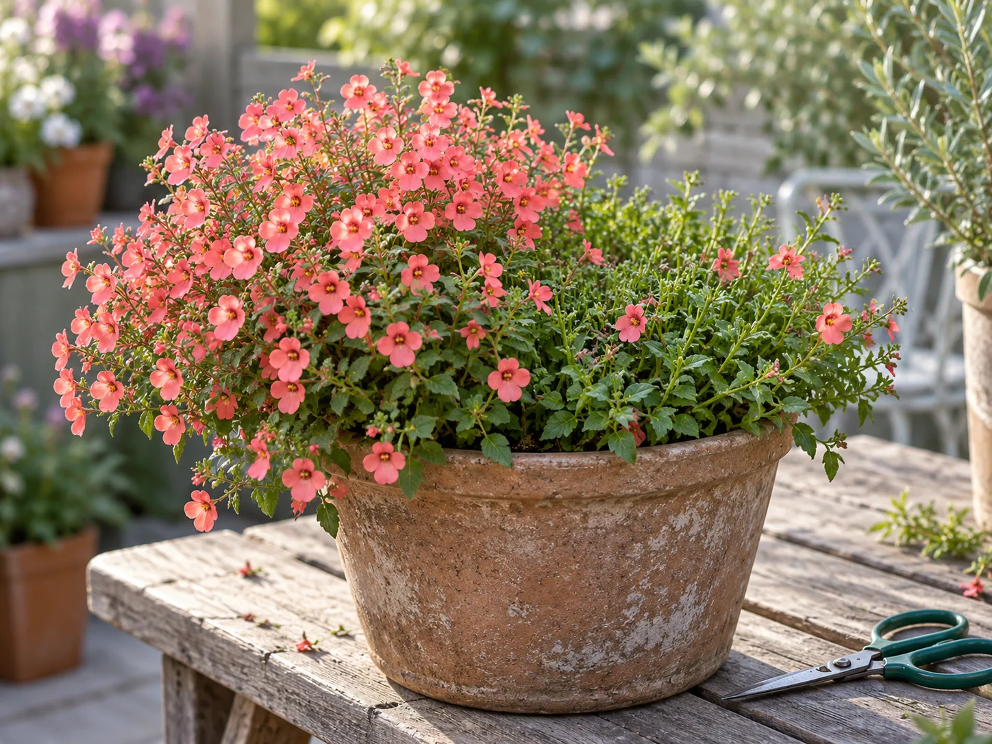 A diascia plant lightly sheared while retaining healthy green growth and flowers