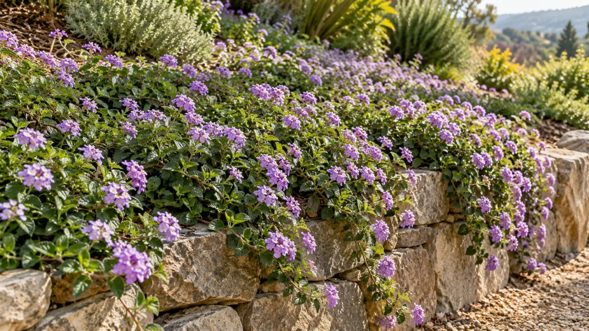 Trailing lantana spreading over a sunny stone retaining wall