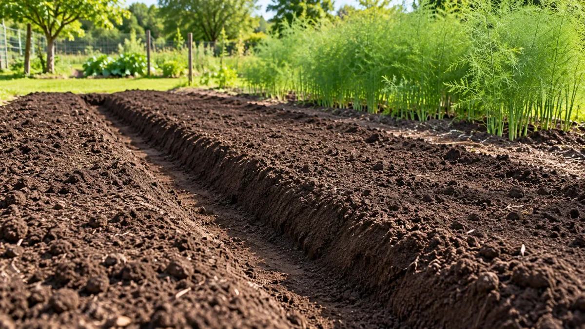 A prepared sunny vegetable bed with open rows ready for perennial asparagus crowns