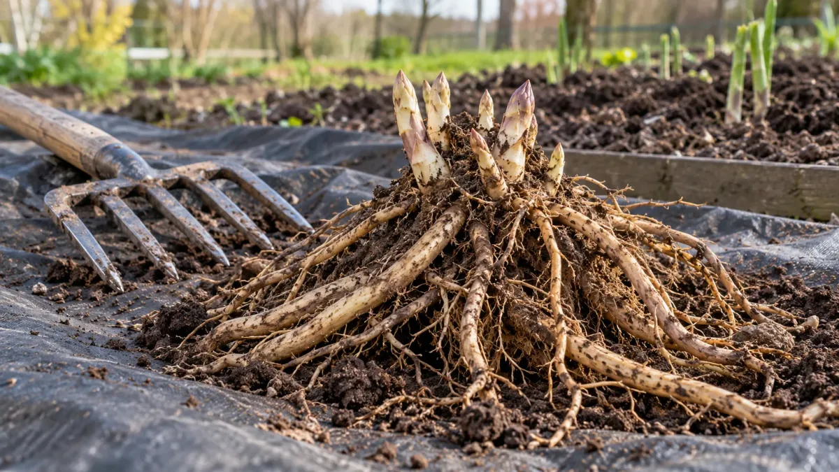 A dormant asparagus crown with healthy storage roots loosened from the soil beside a garden fork
