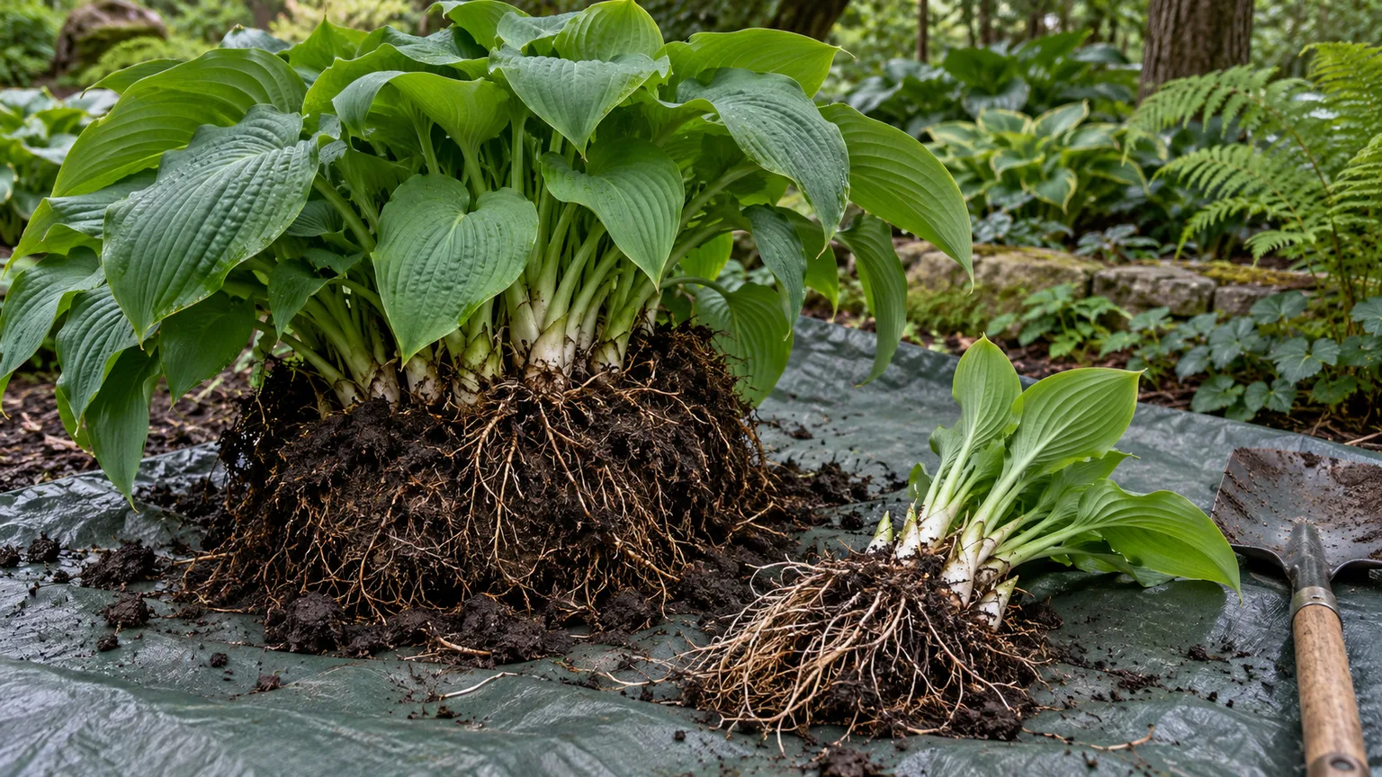 A hosta clump lifted with fibrous roots and a separate division on a garden tarp
