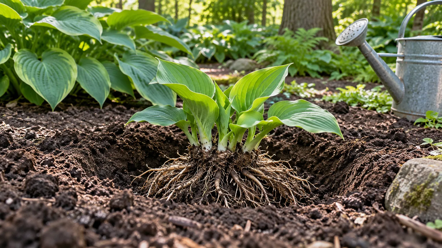 A hosta division set in a shallow planting hole with the crown at soil level