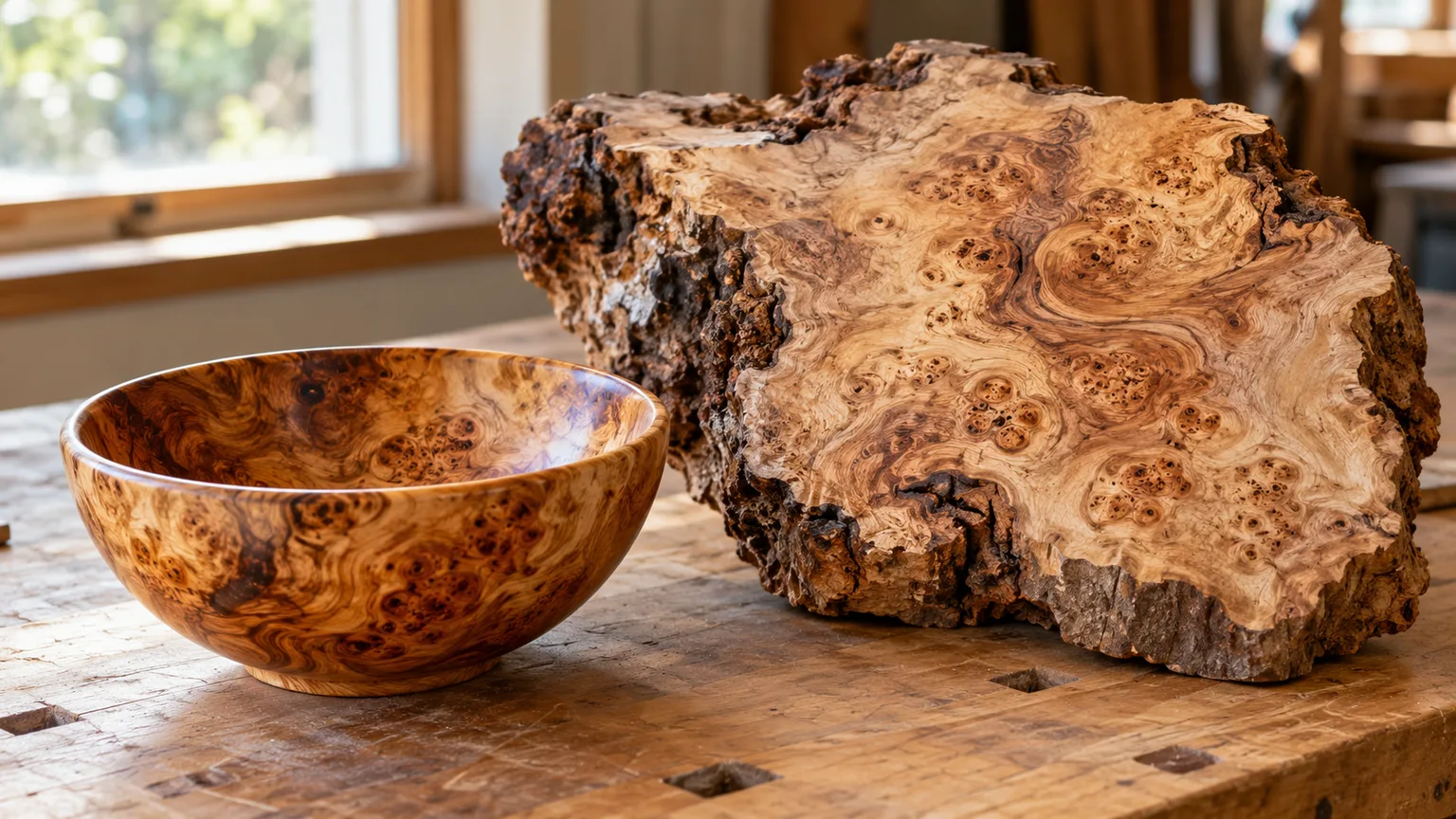A burl wood bowl and slab showing the swirling grain prized by woodworkers
