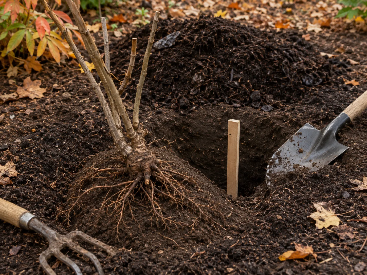 Bare-root tree peony beside a prepared autumn planting hole