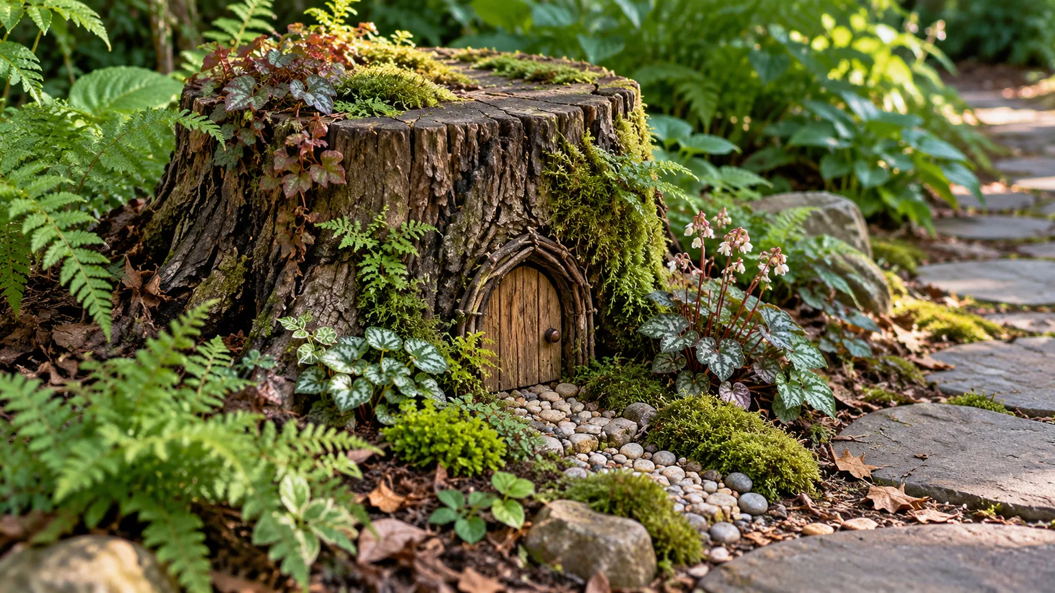 A small fairy garden with a pebble path and wooden door set into a garden stump