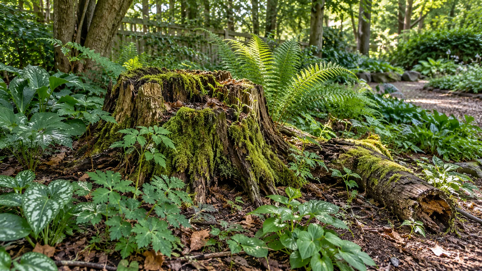 A weathered stump and short log arranged as a planted shade-garden habitat
