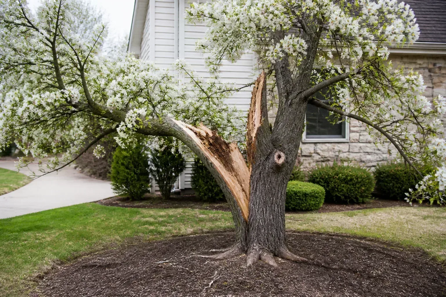 Bradford pear tree with a split trunk and broken V-crotch after wind damage