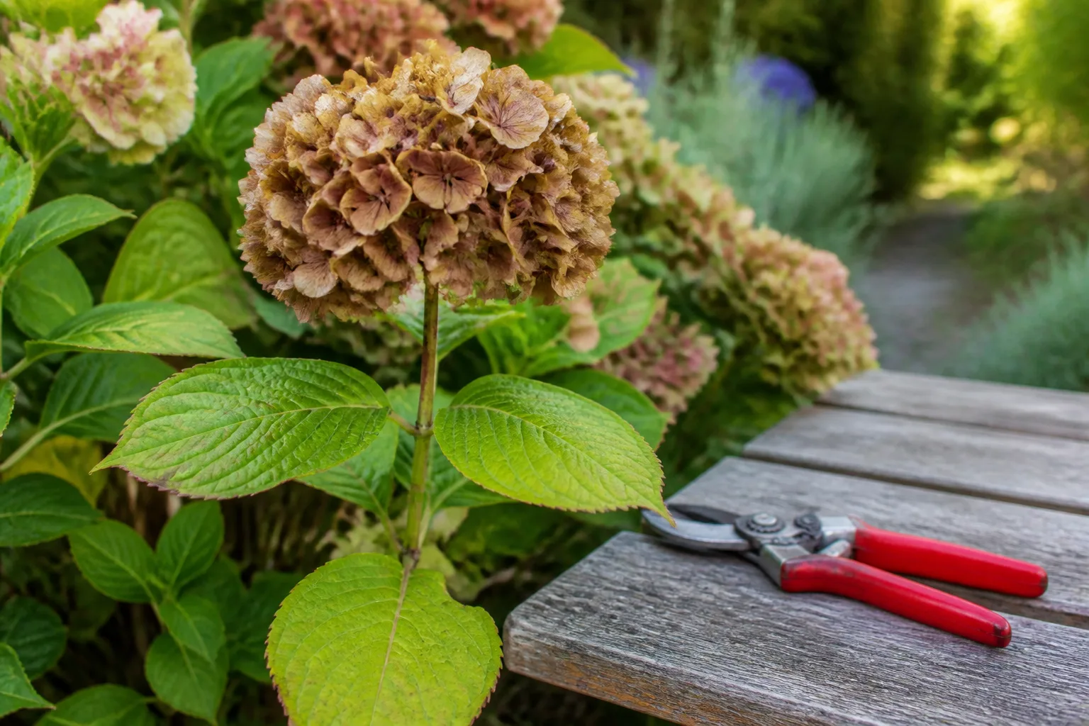 Spent mophead hydrangea flower above a healthy leaf pair showing the safe deadheading cut point