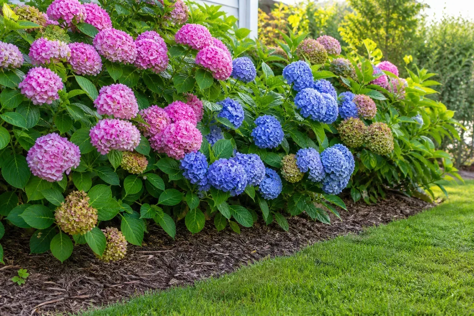 Pink and blue hydrangea shrubs with fading flowerheads in a mulched garden bed
