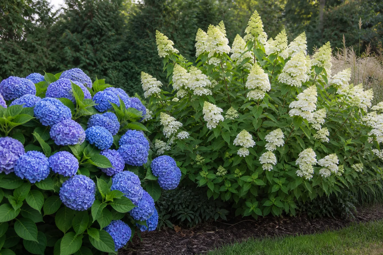 Mophead and panicle hydrangeas side by side showing different flower shapes and pruning calendars