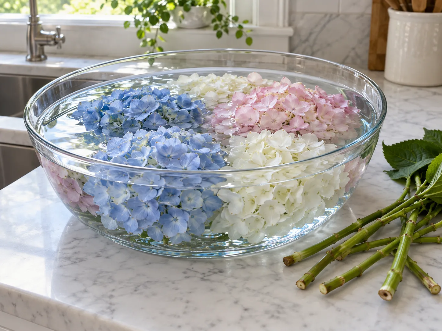Cut hydrangea heads soaking in a clean basin of cool water
