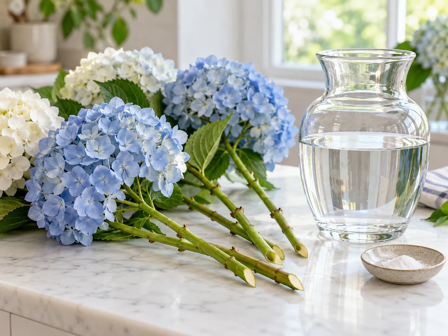 Freshly recut hydrangea stems beside warm vase water and optional alum