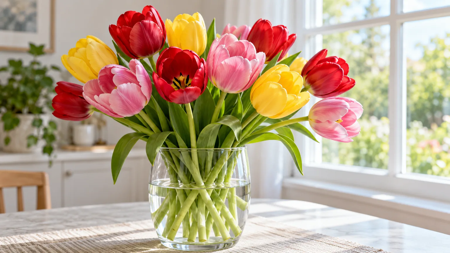 Freshly cut red, pink, and yellow tulips arranged in a clear water-filled vase