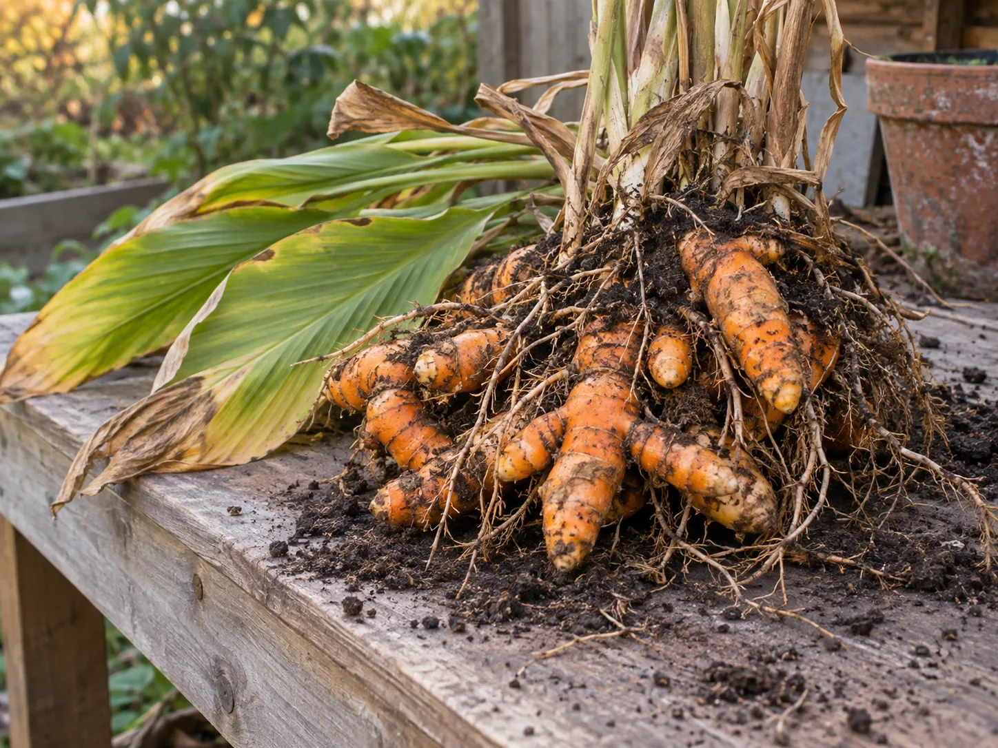 A freshly lifted turmeric rhizome clump with orange fingers ready for harvest and selection