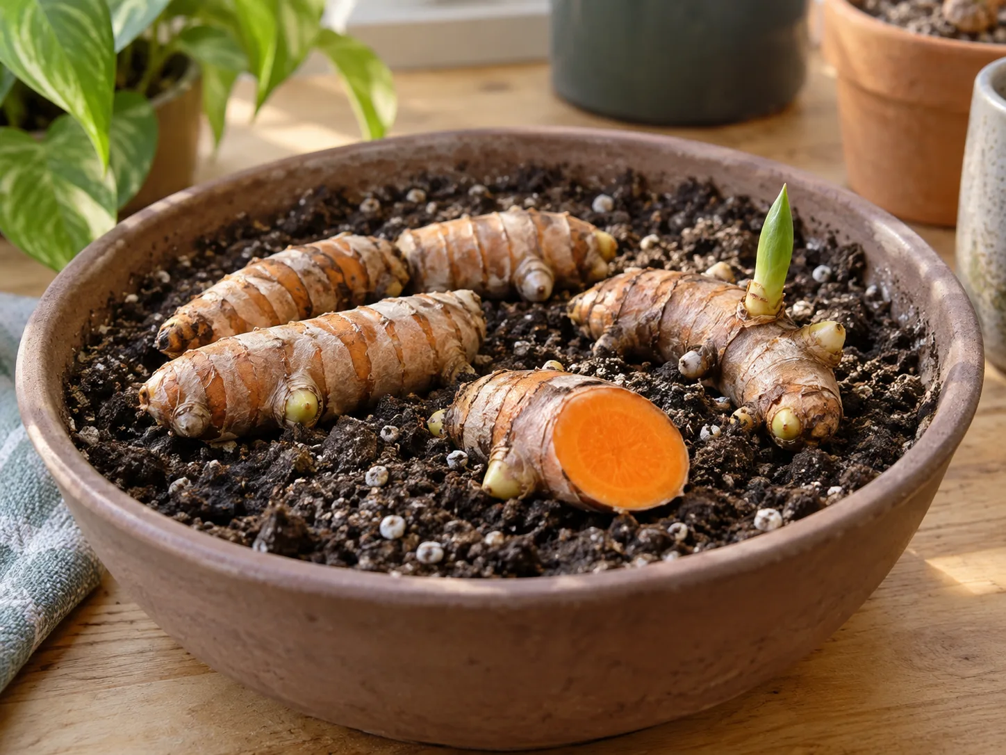 Budded turmeric rhizomes starting in loose, lightly moist potting mix
