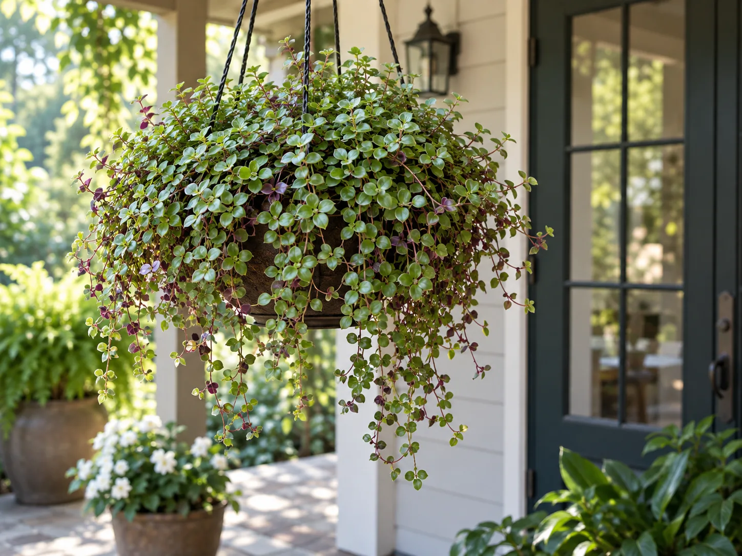 Turtle vine in a shaded patio basket, kept in a container for warm-weather display