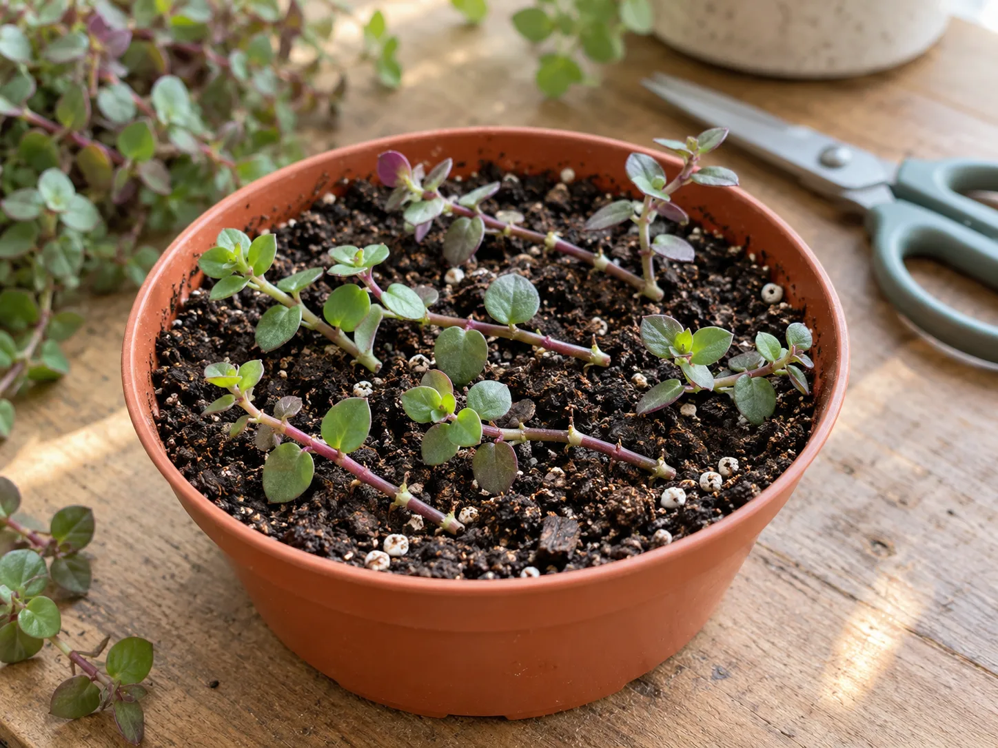 Turtle vine stem cuttings set against moist potting mix for propagation