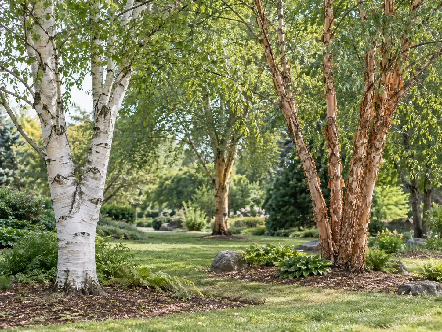White-barked and copper-barked birches growing together in a sunny arboretum, showing contrasting bark and open crowns