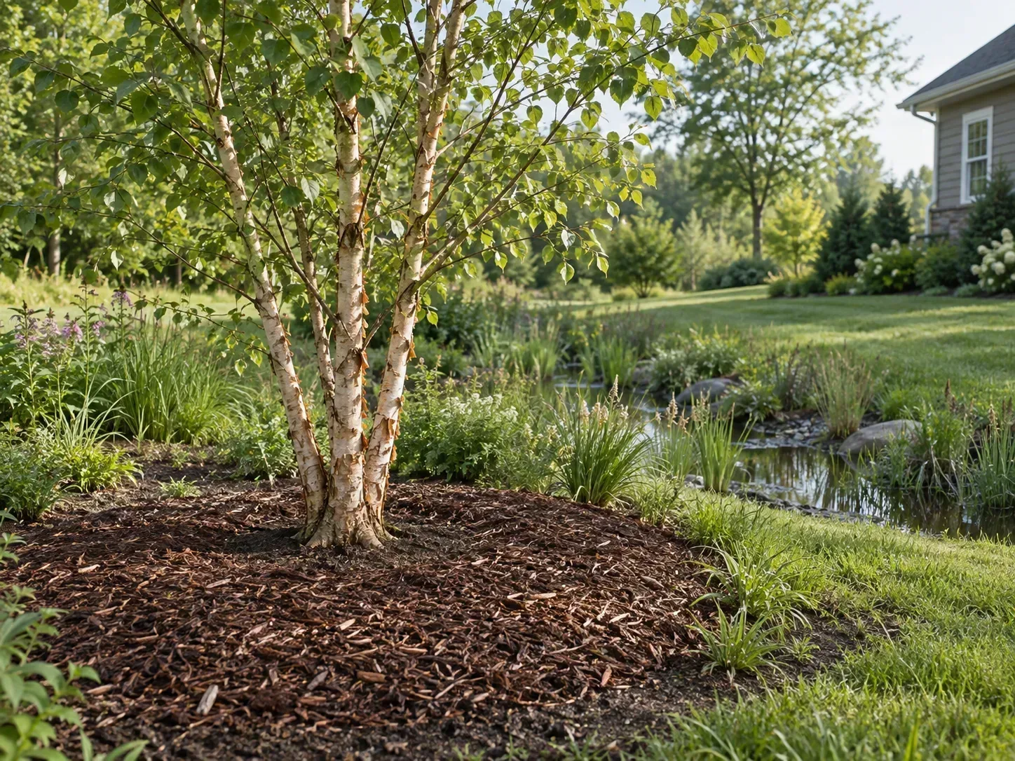 A healthy river birch planted at a moist rain-garden edge with a clear mulch ring and open space from a house