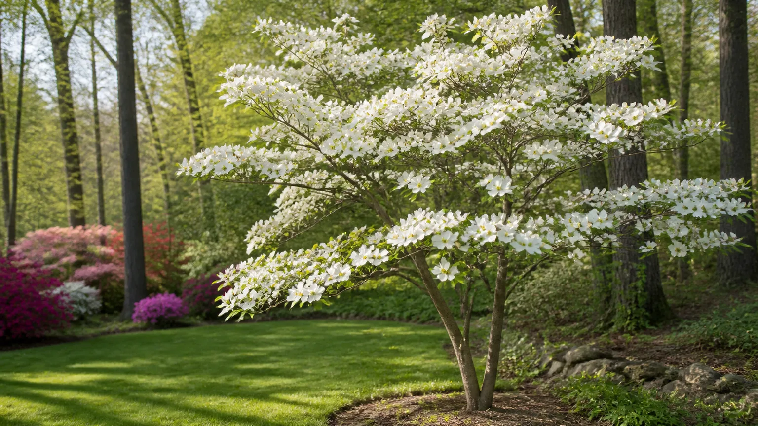 Healthy flowering dogwood tree covered in white bracts in a lightly shaded woodland garden