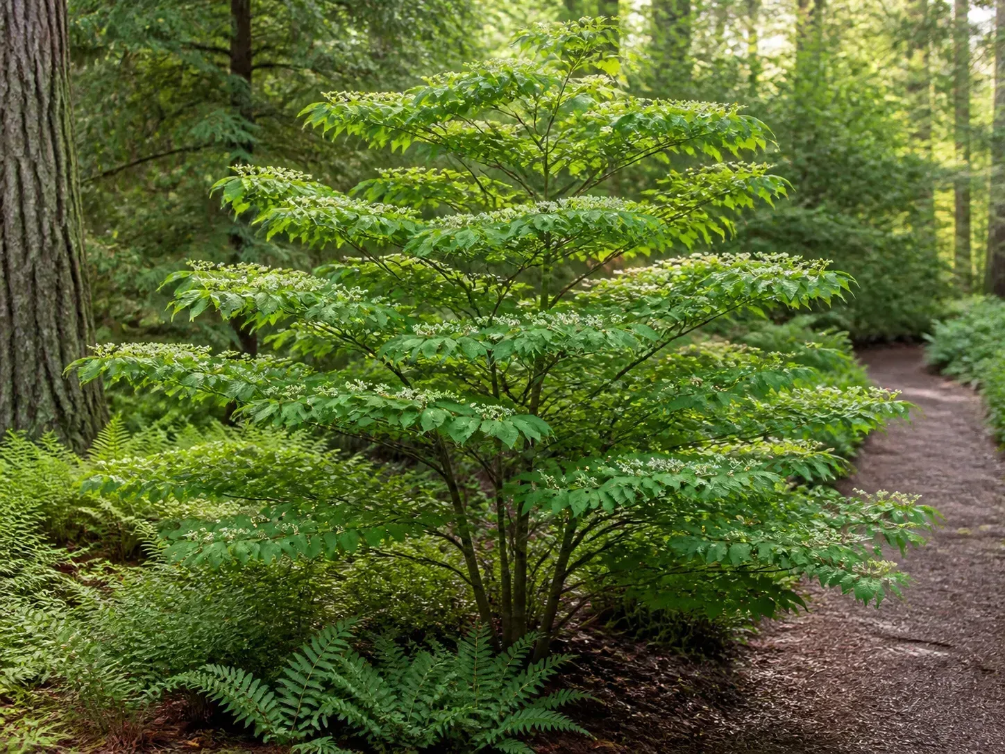 Tiered pagoda dogwood branching at the edge of a cool woodland garden