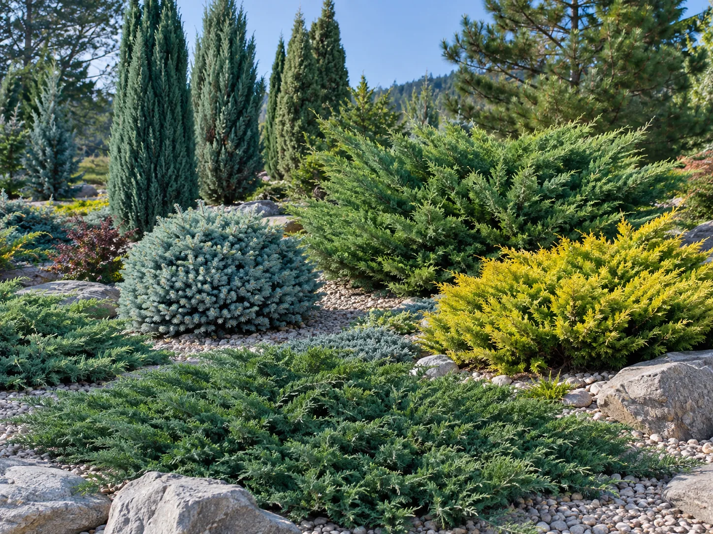 Junipers in several mature forms, from spreading groundcovers to compact shrubs and upright trees.