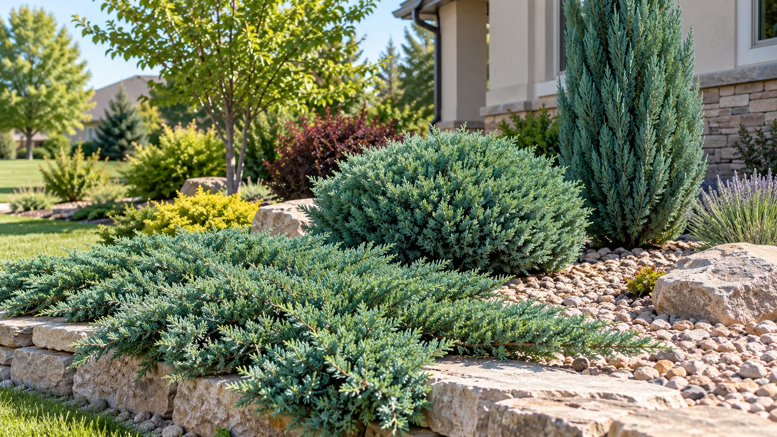 Low, rounded, and upright junipers in a sunny residential landscape.