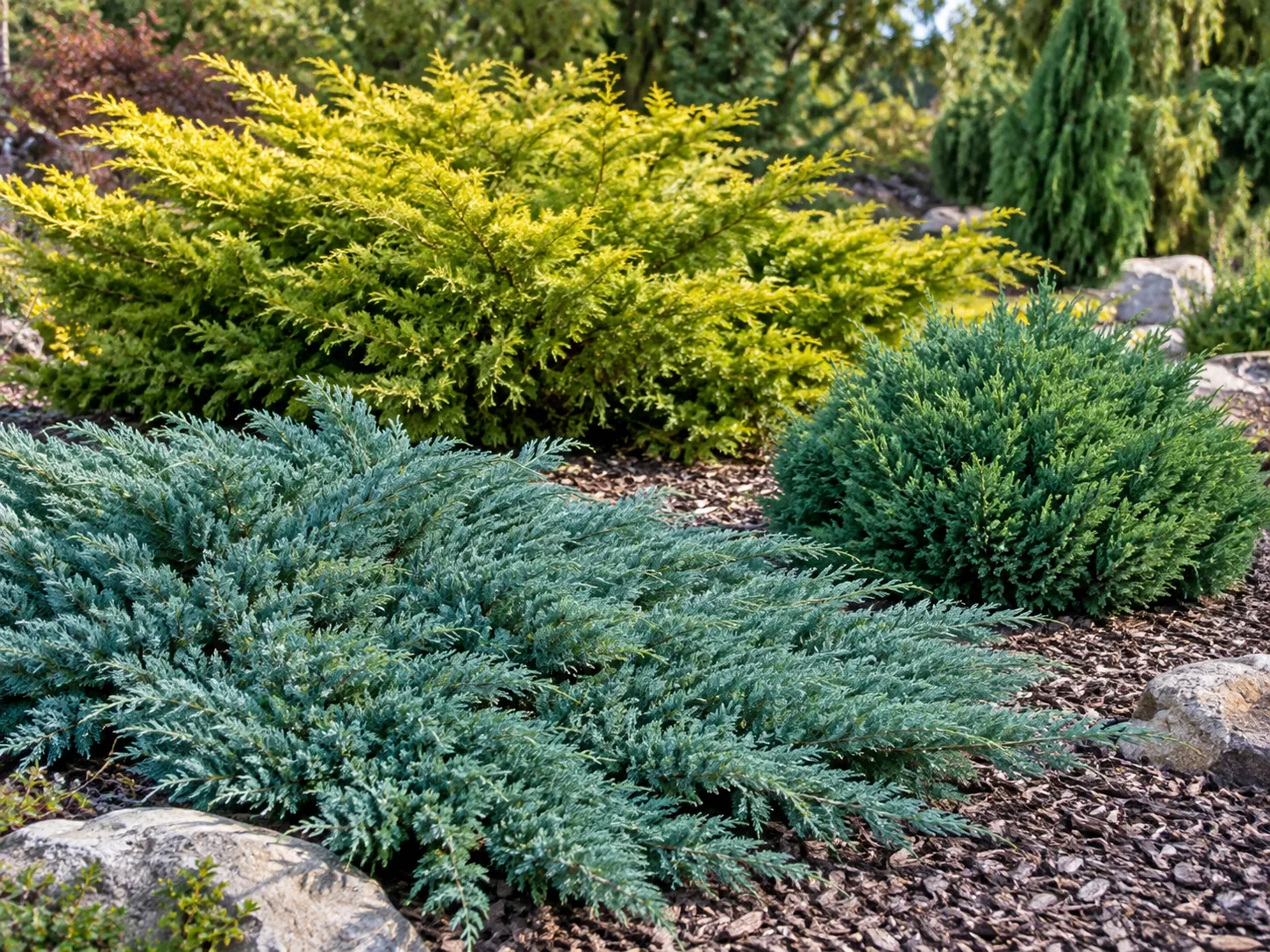 Juniper selections with different forms and foliage colors growing together in a garden bed.