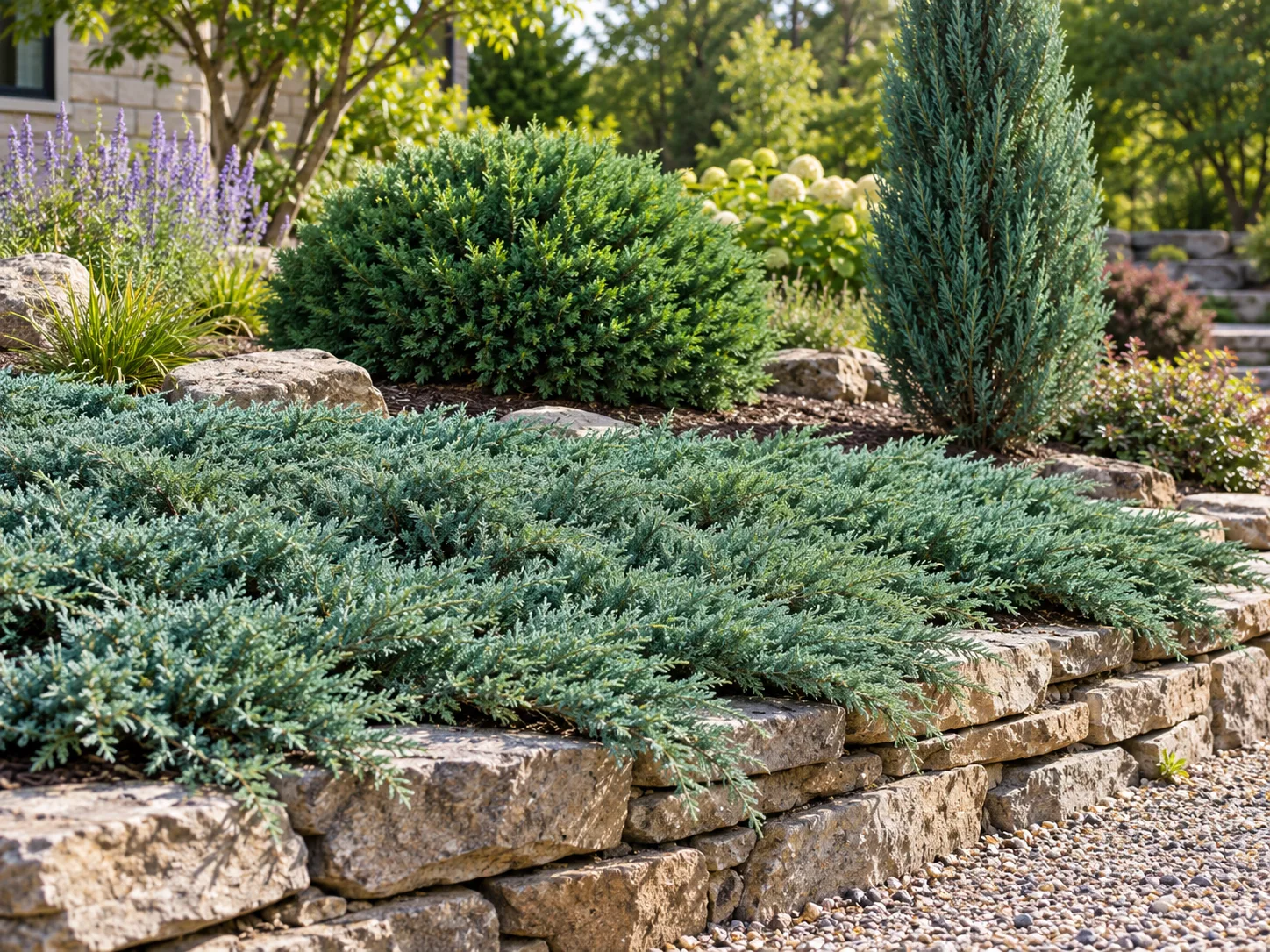 Low, spreading, rounded, and upright juniper forms in a sunny garden.