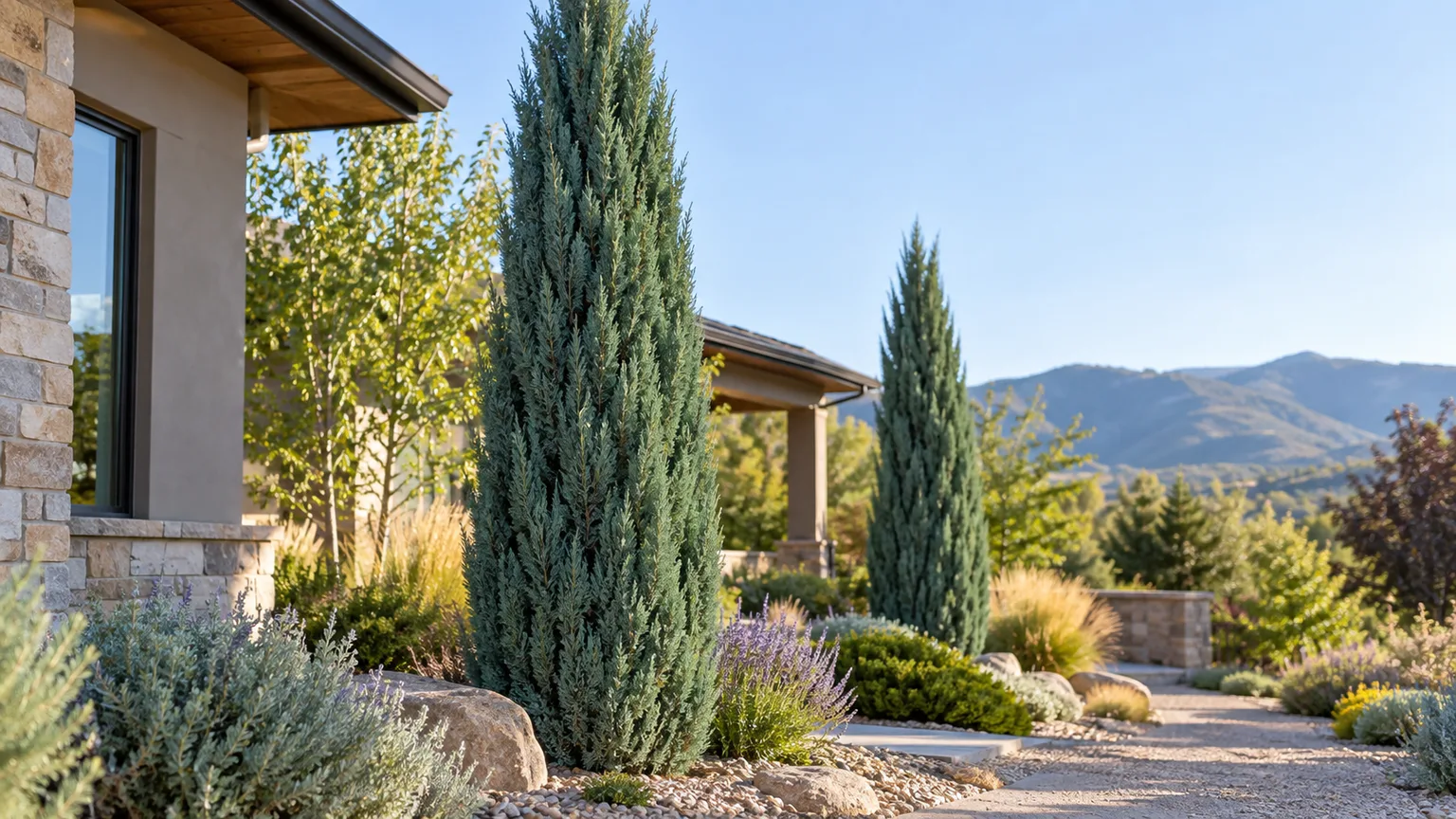 Narrow upright blue-green junipers adding vertical form in a sunny garden.