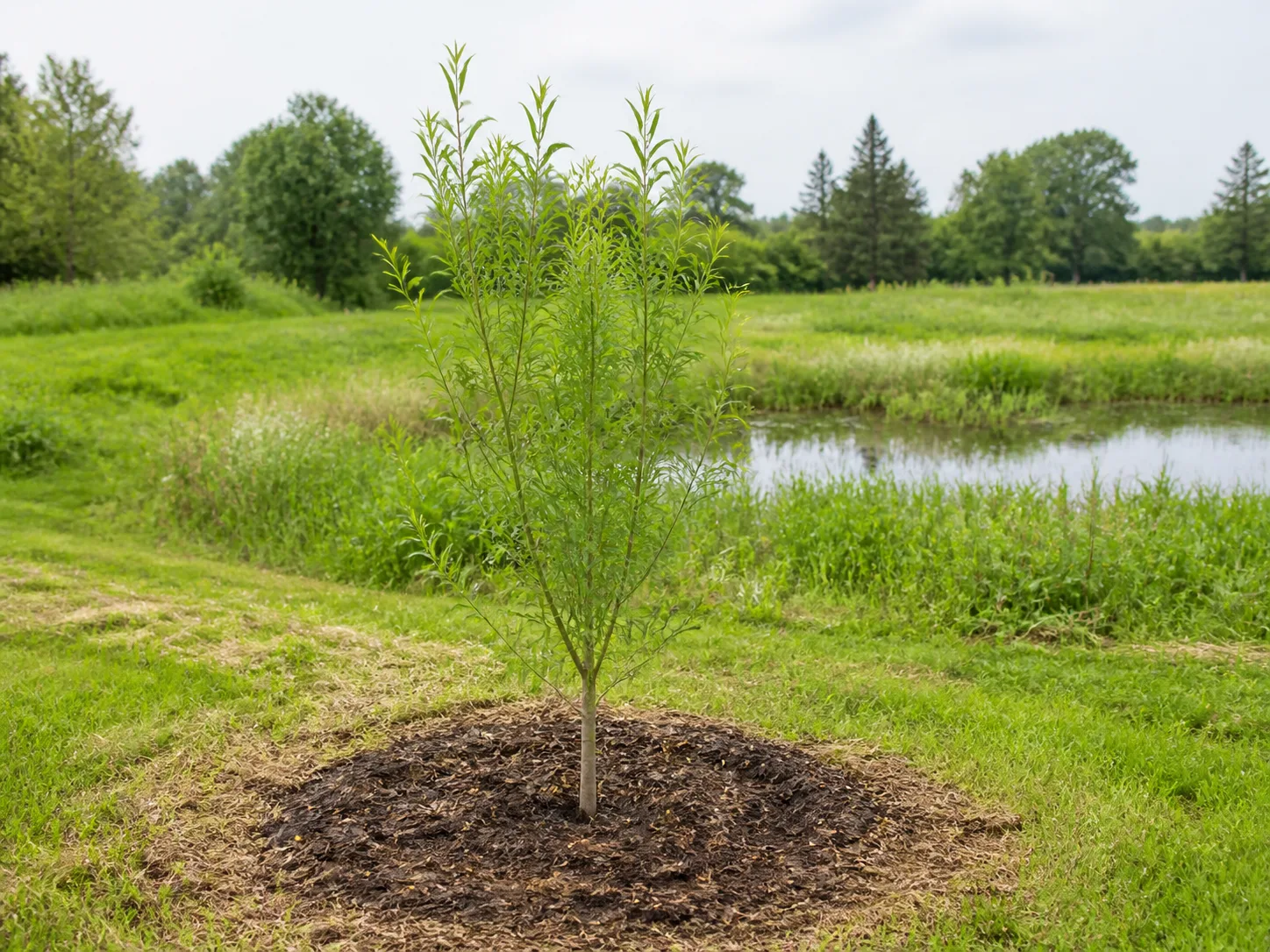 Newly planted willow with a clear mulch ring in a spacious rain-garden setting
