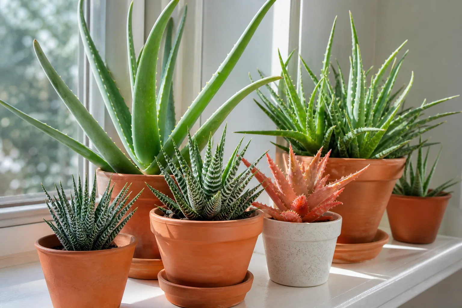 Collection of potted aloe succulents in terracotta pots on a bright windowsill showing varied rosette shapes