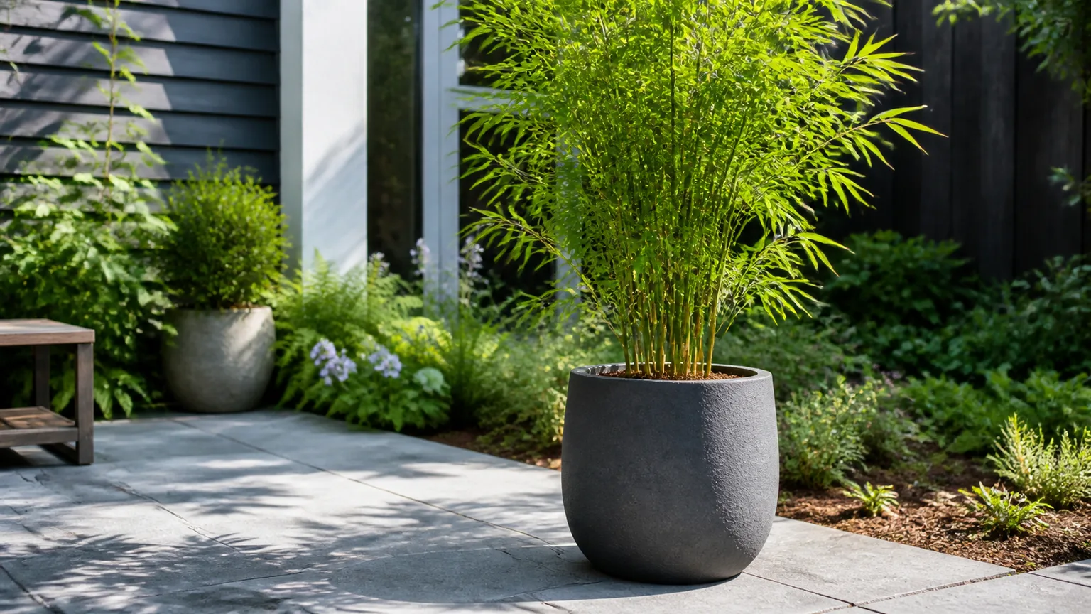 Compact clumping bamboo growing in a large heavy container on a sunny patio