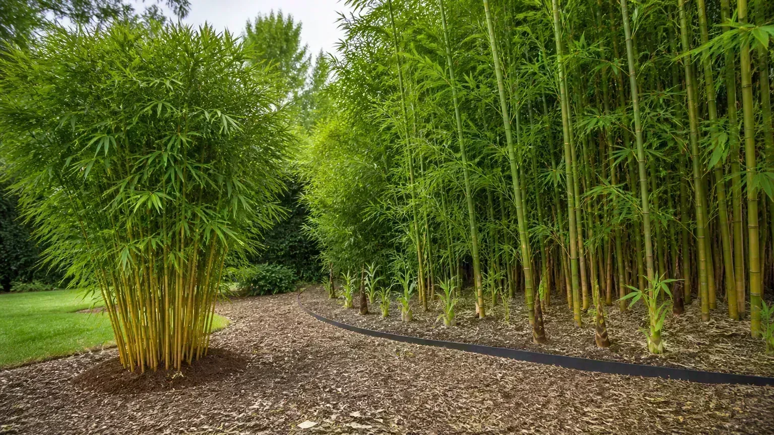 Compact clumping bamboo beside a wider running bamboo planting separated by a managed garden edge