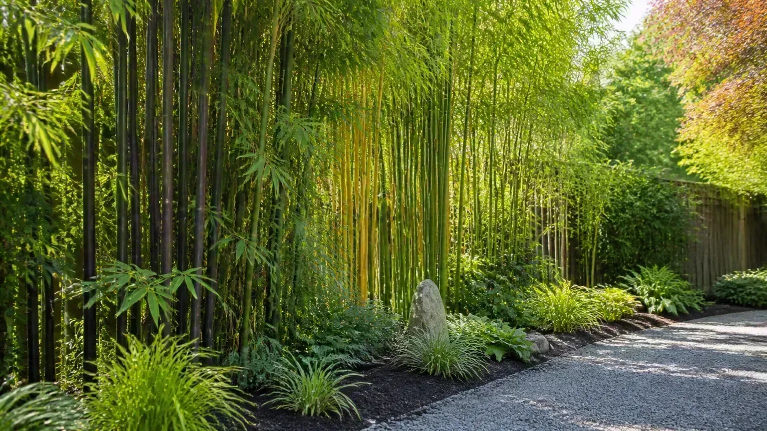 Mixed bamboo privacy planting with dark and golden canes in a managed garden bed