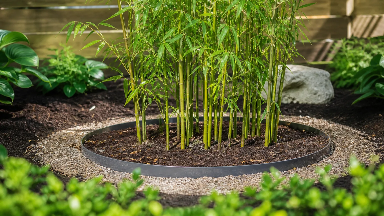 Young bamboo planted inside a visible solid root barrier with an inspection strip around the bed