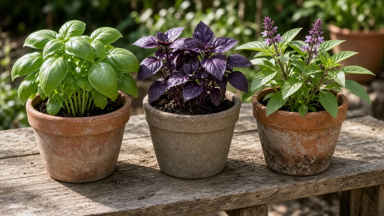 Several contrasting basil varieties grown together in pots
