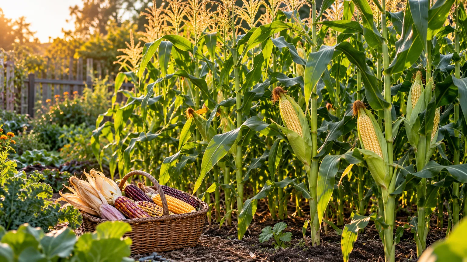 Late-summer corn plants with ripe ears and a basket of colorful corn in a home garden