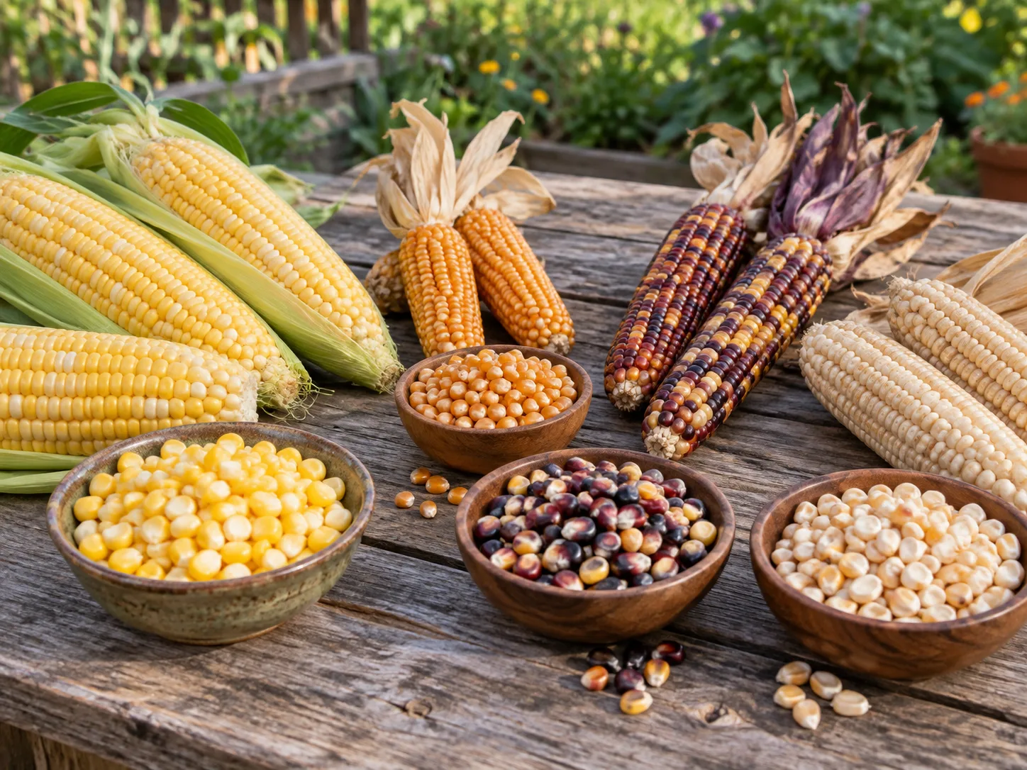 A garden harvest showing fresh sweet corn, dried popcorn, multicolored flint ears, and pale dry-grain kernels.