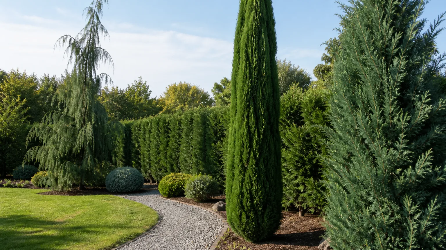 Cypress trees in a sunny garden with columnar, blue-gray, weeping, and privacy-screen forms