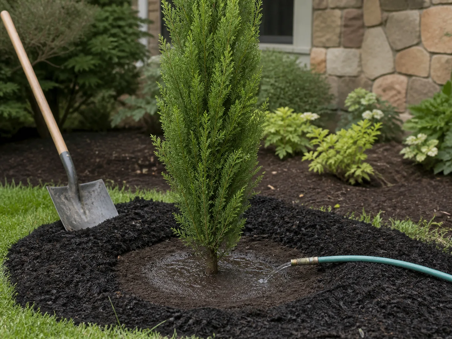 Newly planted cypress with a clear trunk collar, mulch ring, and deep watering basin