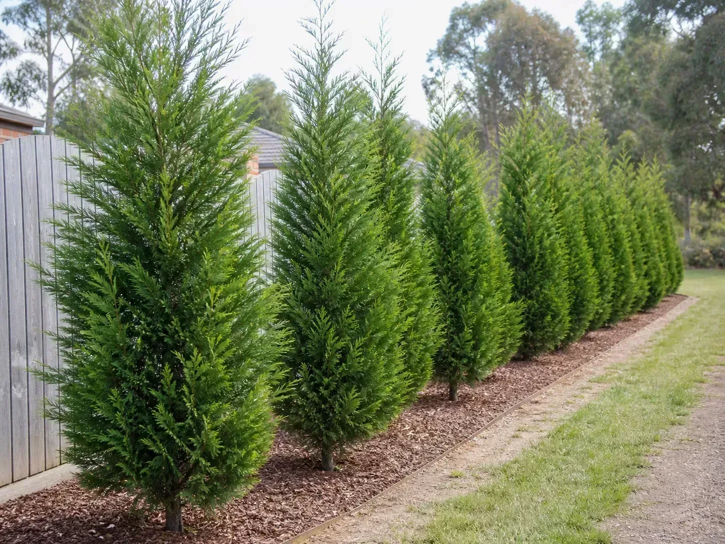 Young cypress trees planted as a spacious evergreen privacy screen